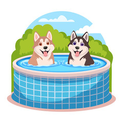Two Happy Huskies Cooling off in a Backyard Pool on a Summer Day