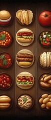 Colorful Variety of Delicious Foods on Wooden Table Surface