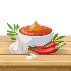 Spicy Sauce with Garlic and Chili Peppers on Wooden Table