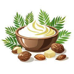 Shea butter in bowl with nuts and leaves illustration for cosmetics industry