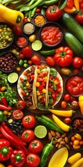Colorful Spread of Fresh Vegetables and Tasty Tacos on Wooden Table