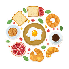 Delicious Breakfast Spread Illustration with Bread, Egg, Croissant, and Coffee