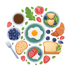 Delicious Breakfast Still Life with Coffee, Eggs, Croissant, Toast, and Berries
