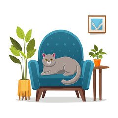 Cozy Cat Illustration in Blue Armchair Surrounded by Plants and a Table