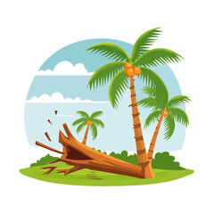 Obraz premium Tropical Island Scene with Fallen Palm Tree and Clear Waters