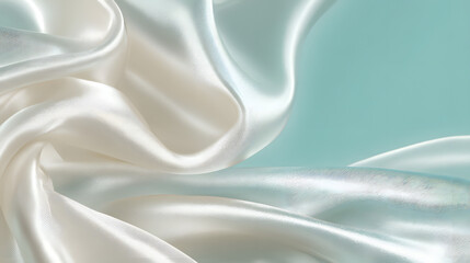Luxurious White and Light Blue Silk Fabric Background with Elegant Drapes and Smooth Texture