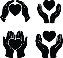 Hands Cupping Hearts Icon Set.  Love Care and Protection Symbols.