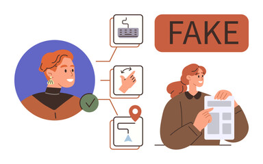 Woman analyzing fake news with authentication icons thumbs up keyboard, location pin, and swipe gesture. Ideal for media literacy, online safety, fraud prevention, validation, identity check, cyber