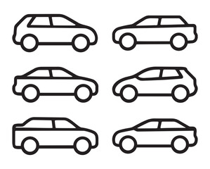 Set of Various Car Outline Icons and Graphics.  Different Vehicle Styles Line Art Vector Pack.