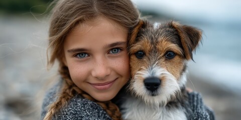 Young girl with braided hair hugging her brown and white dog on a rocky beach during a cloudy day