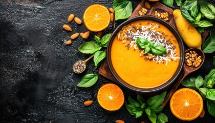 Creamy Pumpkin Soup Surrounded by Fresh Ingredients and Garnish
