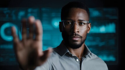 Man presenting futuristic dashboard using hand gesture