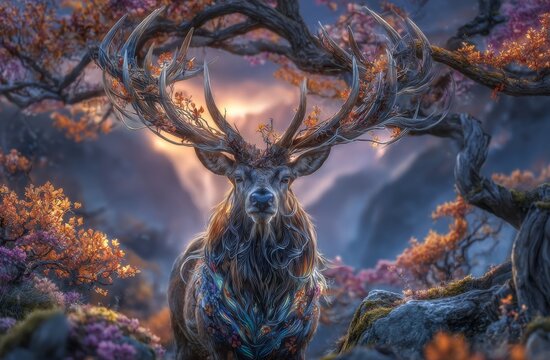 A majestic deer, set against the backdrop of a sunlit forest on a misty autumn day, surrounded by golden light, embodies emotional tranquility, and is well-suited for use in marketing nature,