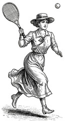 Vintage Illustration of Woman Tennis Player with Racket and Ball