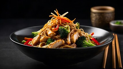 A delicious bowl of chicken and vegetable noodles is presented with chopsticks and side dishes