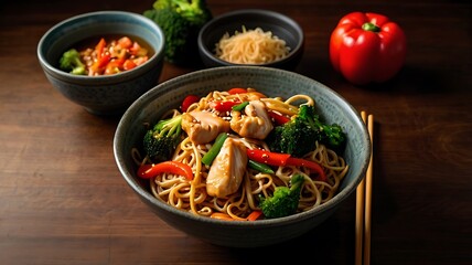 A delicious bowl of chicken stirfry noodles with broccoli and bell peppers is ready to be enjoyed