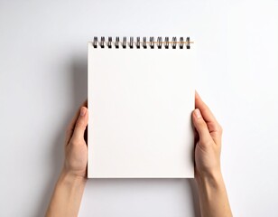 Blank Spiral Notebook in Hand – Top View on White Background

