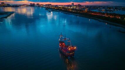 A pirate ship returns to dock during a beautiful sunset