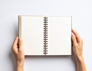 Blank Spiral Notebook in Hand – Top View on White Background

