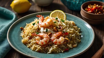 Shrimp biryani on teal plate with creamy drizzle fried onions pine nuts lemon and dill on rustic wood table setting