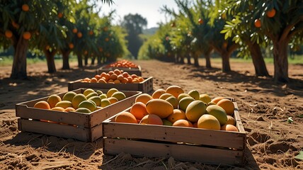 Close-up of ripe mangoes in orange plastic crates placed on sunlit orchard soil with soft shadows and natural texture