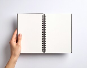 Blank Spiral Notebook in Hand – Top View on White Background

