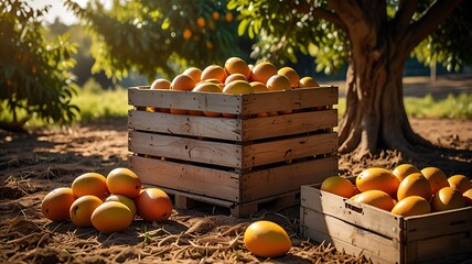 Freshly harvested mangoes in orange plastic crates resting on orchard ground with sunlit trees and soil textures around