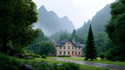Picturesque Stone Mansion Surrounded By Lush Forest And Misty Mountains