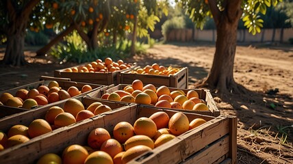 Bright orange crates full of ripe mangoes placed under mango trees on sunny soil showing harvest freshness and rural life