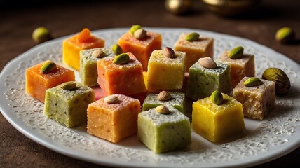 Assorted Indian sweets with colorful textures served on clean white rectangular plate under bright soft light