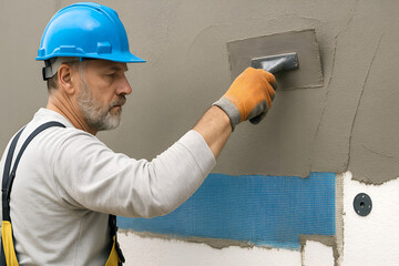 Construction worker applying finishing coat over mesh-reinforced facade insulation. Wearing blue hard hat and gloves, smoothing gray render on EPS board. Energy-efficient renovation, ETICS system