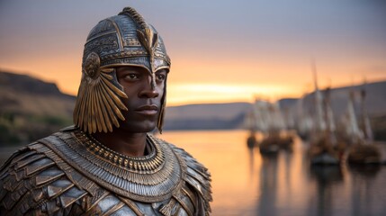 Portrait of an Egyptian Warrior in Ornate Armor Against a Sunset with Ancient Ships on the River