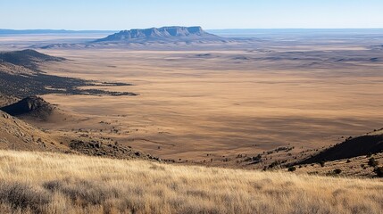 Obraz premium Expansive desert vista showcasing a mesa in the distance under a clear sky, with dry grasses in the foreground