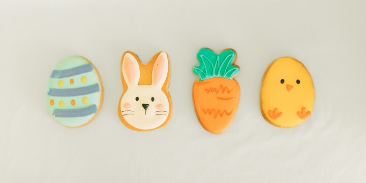 Decorated Easter cookies laid out on white background