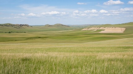 Fototapeta premium Expansive grassland under a partly cloudy sky, rolling hills and valleys create a serene landscape