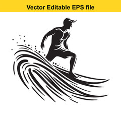 Silhouette Surfer Riding Wave Vector Illustration Dynamic and Artistic Beach Activity Graphic with Strong Lines for Design Projects