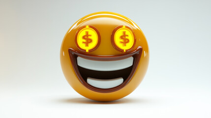Glossy 3D emoji face with dollar sign eyes and smiling mouth, isolated on white background