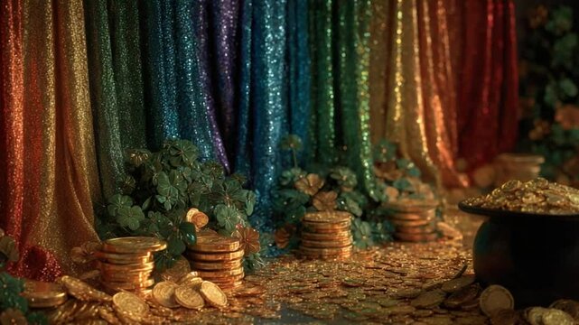 Fantasy St Patrick's Day Background with Pot of Gold and Rainbow Curtains