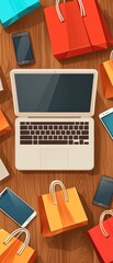 Laptop Surrounded by Shopping Bags and Smartphones on Wooden Surface