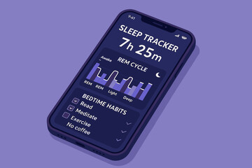 Smartphone sleep tracker app display with rem cycle and bedtime habits