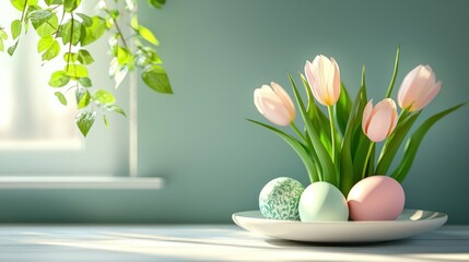 3D render of tulips and eggs on white plate
