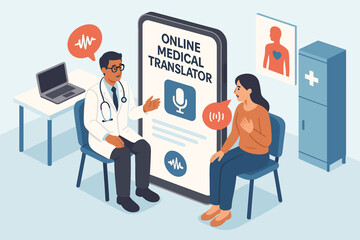 Asian male doctor and hispanic female patient using online medical translator for communication