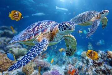Fototapeta premium A sea turtle is swimming beneath the sea, surrounded by stunning underwater scenery and vibrant coral in the Pacific Ocean's wild natural environment, all generated using stock