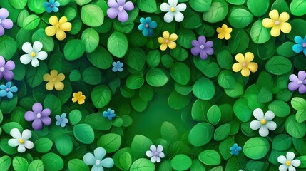 Vibrant Green Leafy Background with Colorful Flowers and Flora
