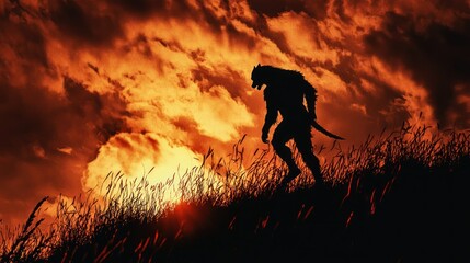 3D render of werewolf silhouette on hill