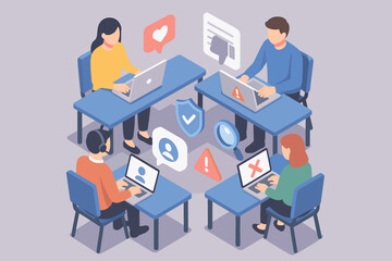 Diverse team working on digital security and social media engagement