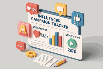 Social media campaign analytics dashboard with statistics and engagement icons