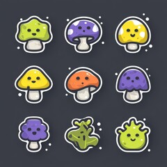 A collection of stylized hippie mushrooms, embodying the psychedelic elements of the 70s and 80s, presented in a modern illustration style