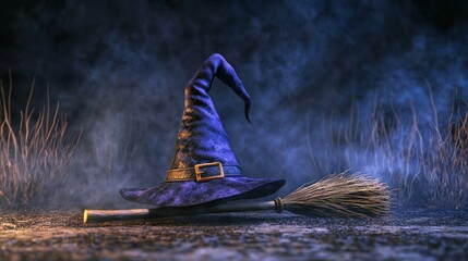 3D render of witch hat and broomstick