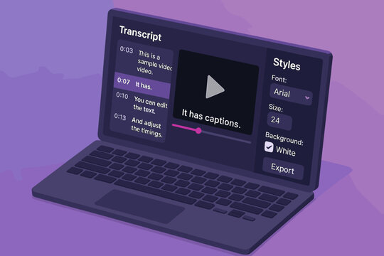 Caption editor interface on laptop with video transcript and style options
